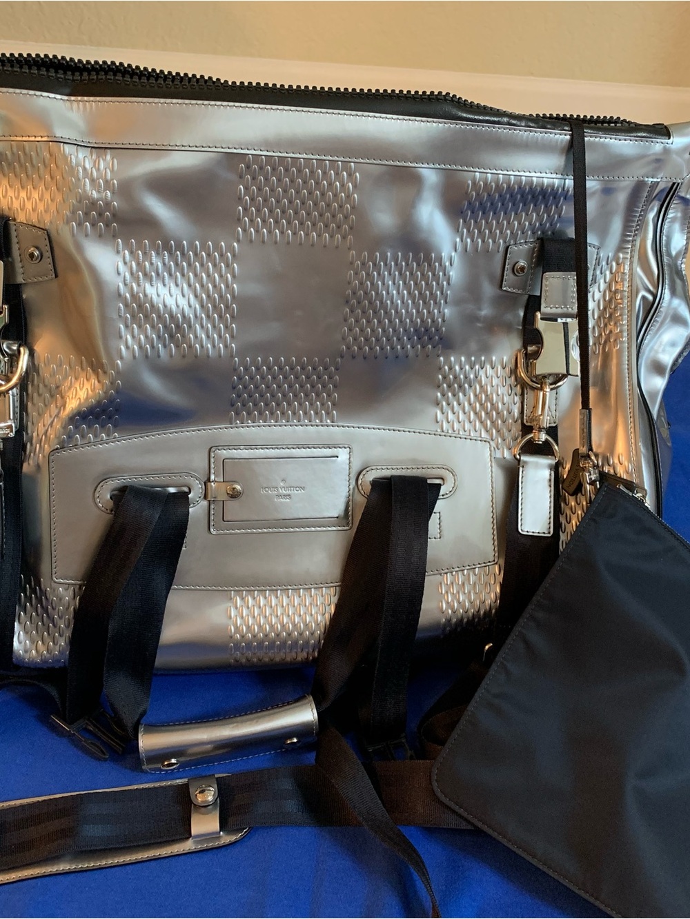 Louis Vuitton Silver Metallic Checkered Duffle with Black Straps